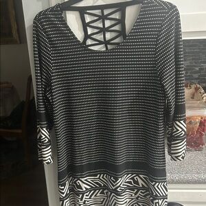 Black and White Striped Dress with Geometric Pattern